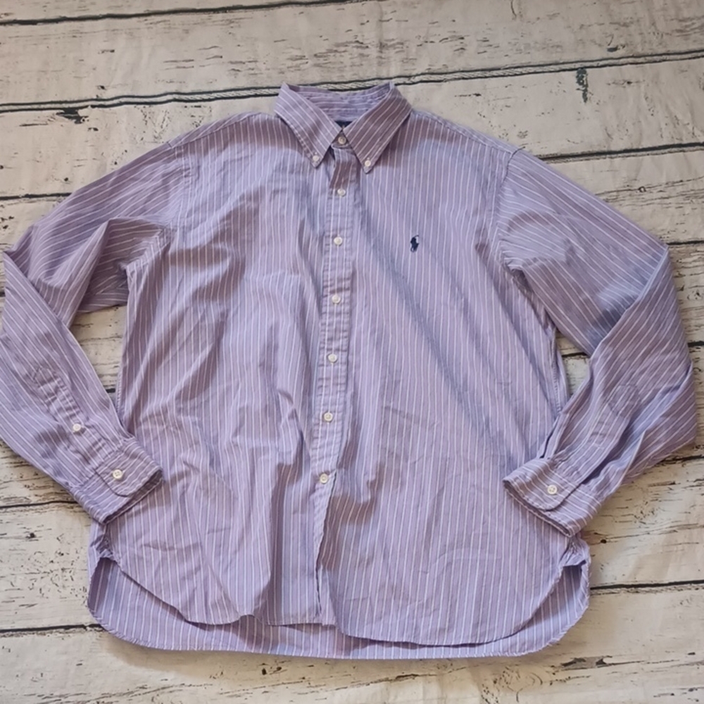 Ralph Lauren Men's Purple White Striped Cotton Button Up Shirt 16.5